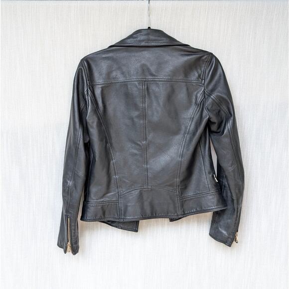 Massimo Dutti Black Leather Full Zip Long Sleeve Biker Jacket, size XS - Picture 2 of 9